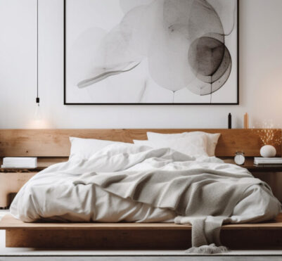 Cozy modern bedroom with elegant design elements generated by AI